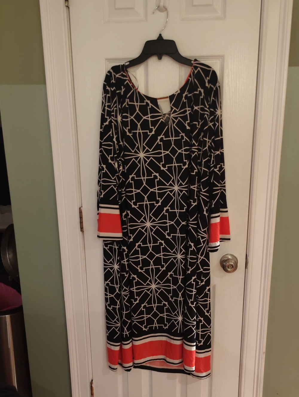 Just My Size Black and White Geometric Long Sleeve Dress with Coral Accents
